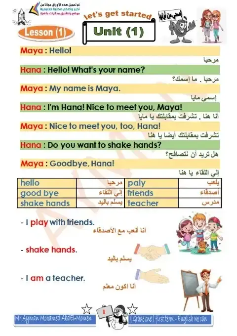 ملخص انجليزي اولى ابتدائي ترم اول 2026 مستر ايمن عبد المؤمن