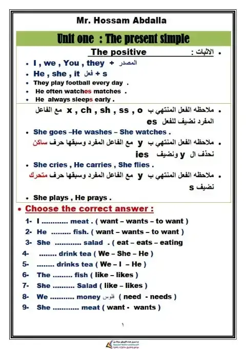مذكرة جرامر رابعة ابتدائي ترم اول 2026 مستر حسام عبد الله