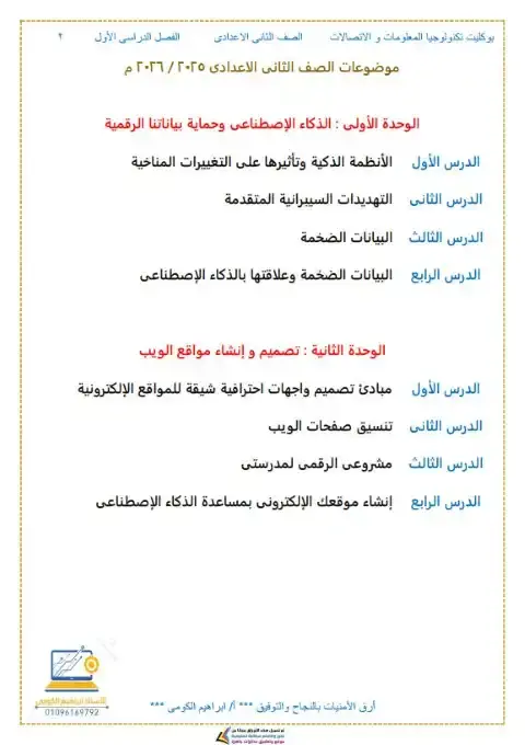 مذكرة تكنولوجيا تانية اعدادي ترم اول 2026 مستر ابراهيم الكومي