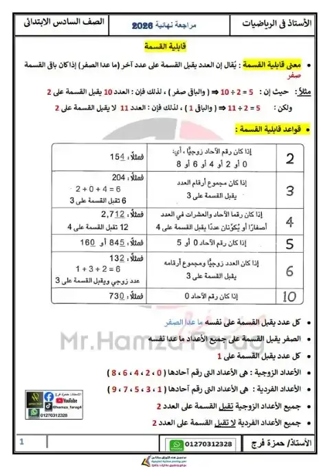 ملخص ومراجعة رياضيات سادسة ابتدائي ترم اول 2026 مستر حمزة فرج