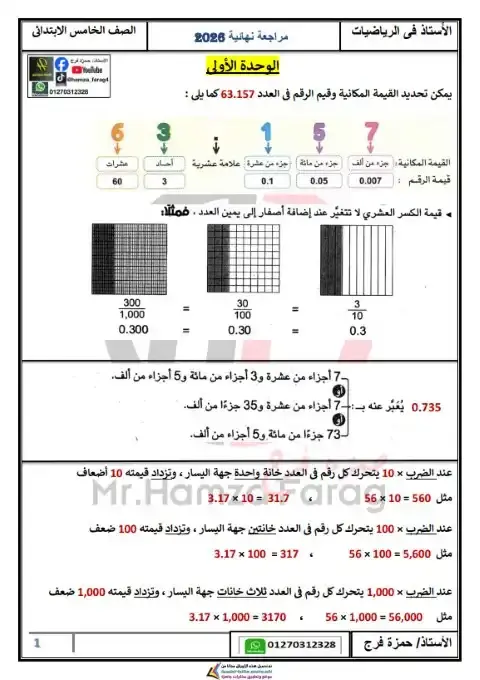 ملخص ومراجعة رياضيات خامسة ابتدائي ترم اول 2026 مستر حمزة فرج