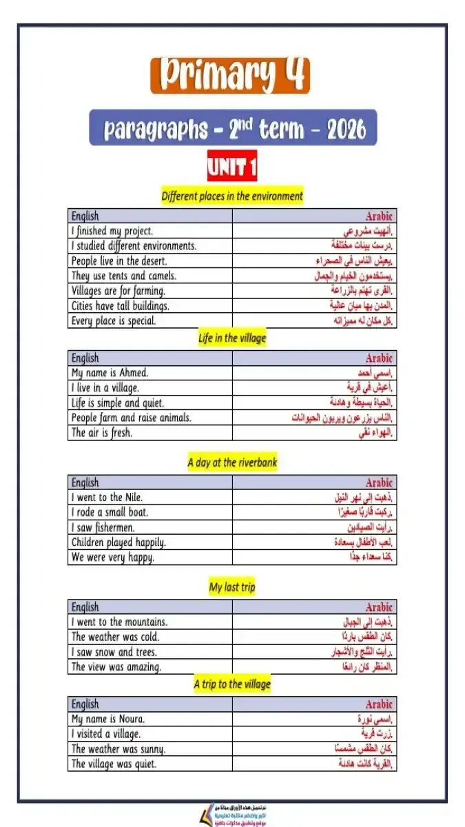 براجرافات الصف الرابع الابتدائي الترم الثاني 2026 PDF مترجمة للتدريب على مهارة الكتابة في اللغة الإنجليزية