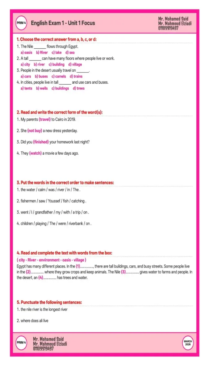 اختبارات شهر مارس 2026 انجليزي للصف الرابع الابتدائي بالاجابات بصيغة PDF لتدريب الطلاب على المنهج.