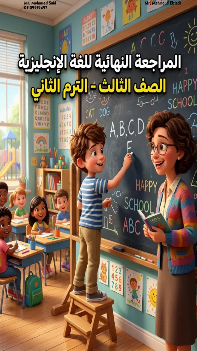 صورة غلاف مراجعة اللغة الإنجليزية للصف الثالث الابتدائي الترم الثاني 2026 بالإجابات