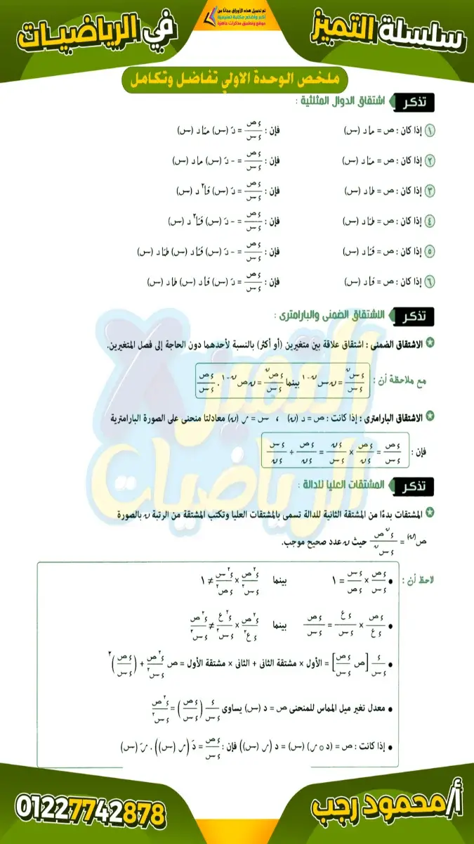 صورة غلاف ملخص التفاضل والتكامل للصف الثالث الثانوي بالاجابات 2026
