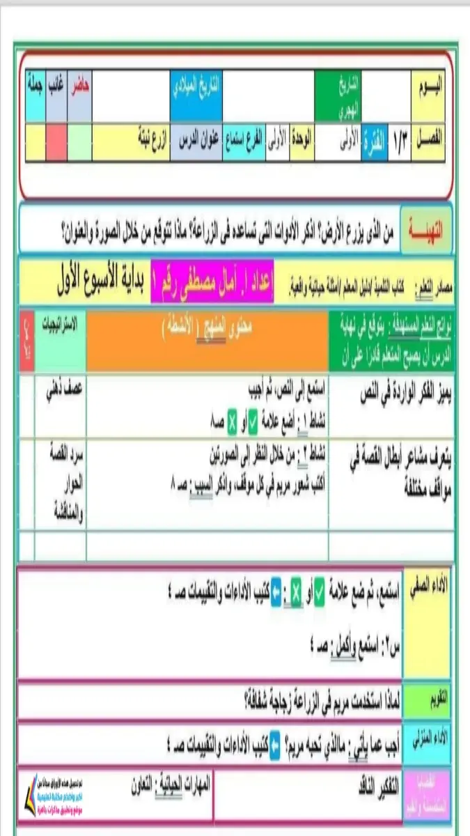 صورة غلاف دفتر تحضير دروس اللغة العربية للصف الثالث الابتدائي الترم الاول 2027