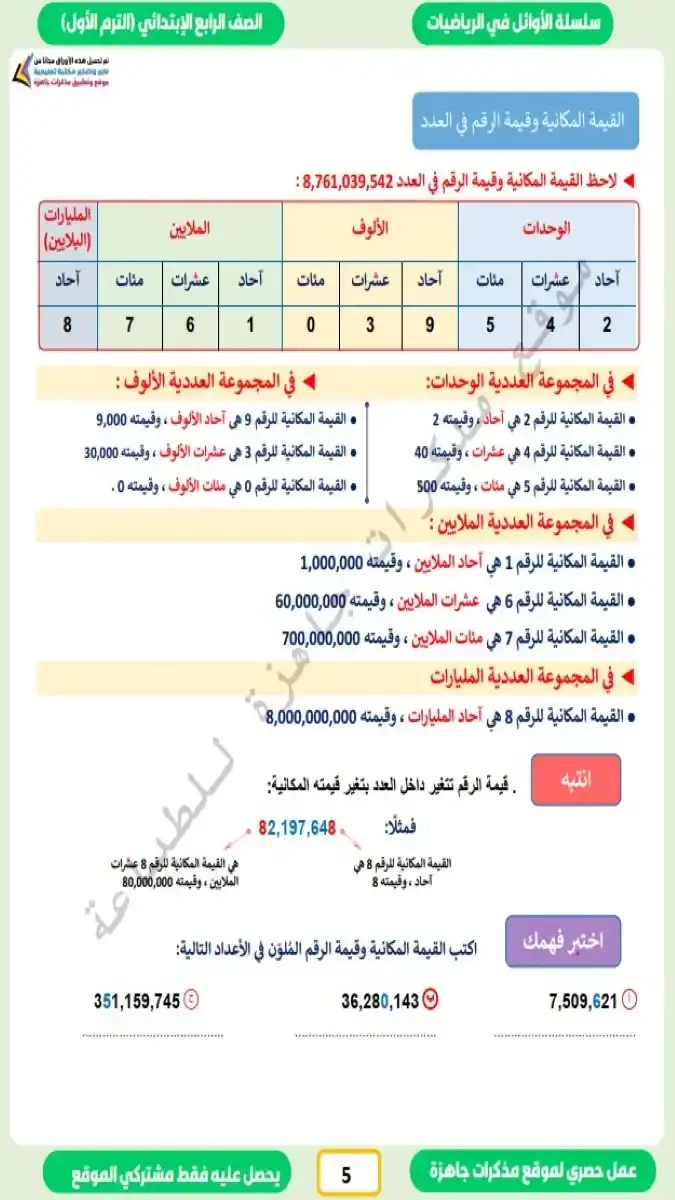 صورة غلاف مذكرة الرياضيات للصف الرابع الابتدائي الترم الاول 2027