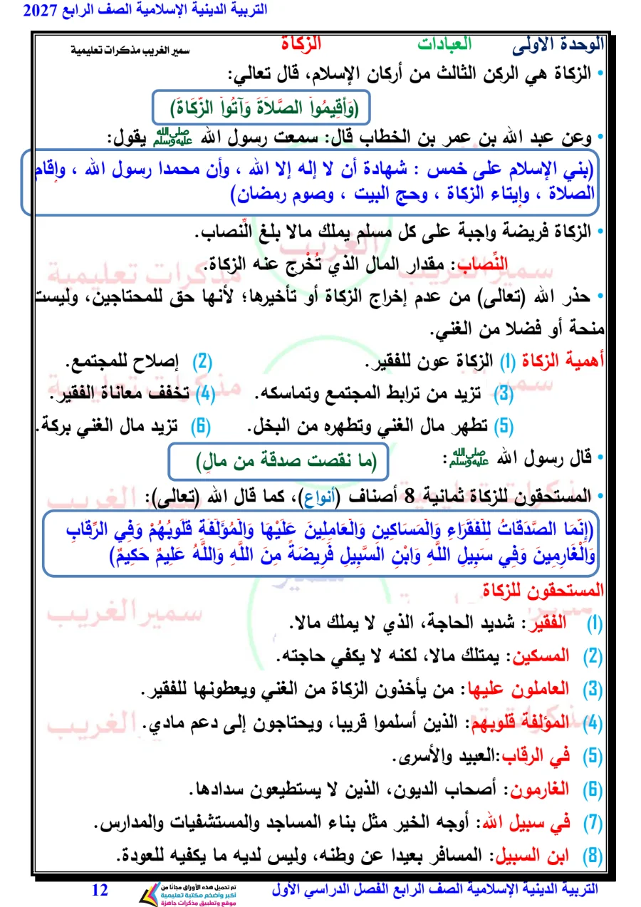 معاينة الصفحة 12 من مذكرة دين للصف الرابع الابتدائي الترم الاول 2027 PDF مستر سمير الغريب
