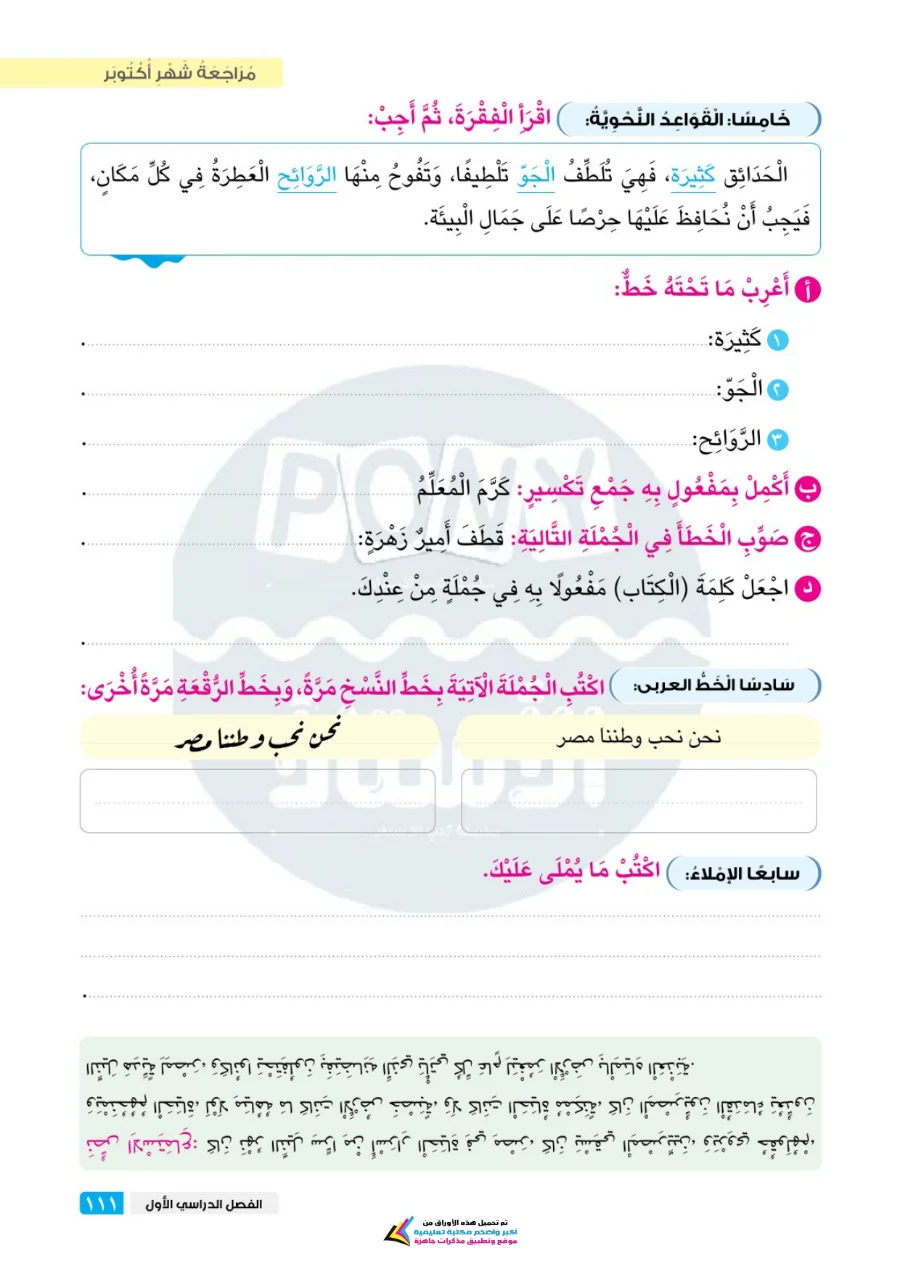 معاينة الصفحة 13 من مراجعة الاستاذ شهر اكتوبر لغة عربية للصف الخامس الابتدائي بالاجابات PDF 2027