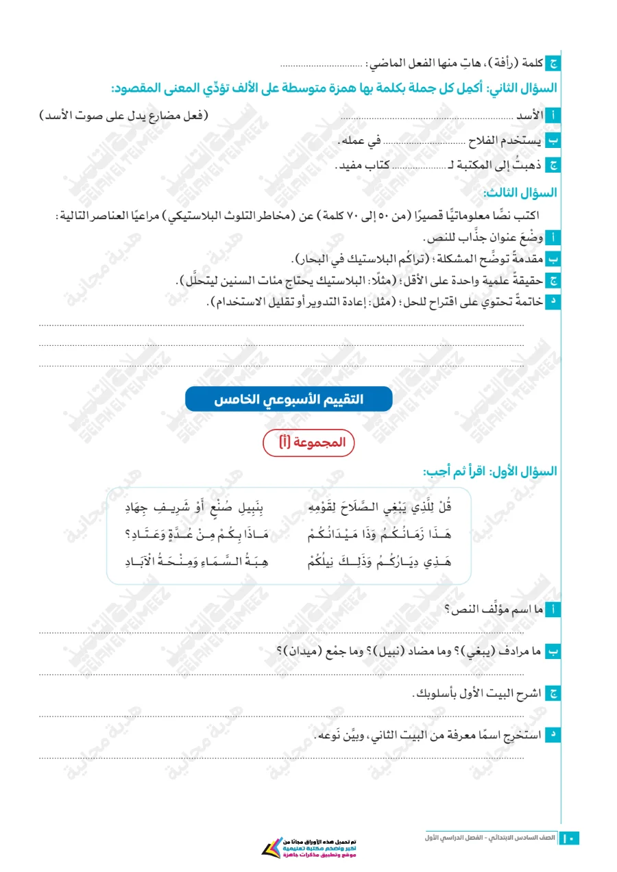معاينة الصفحة 10 من تقييمات سلاح التلميذ لغة عربية للصف السادس الابتدائي الترم الاول PDF 2027 بالاجابات