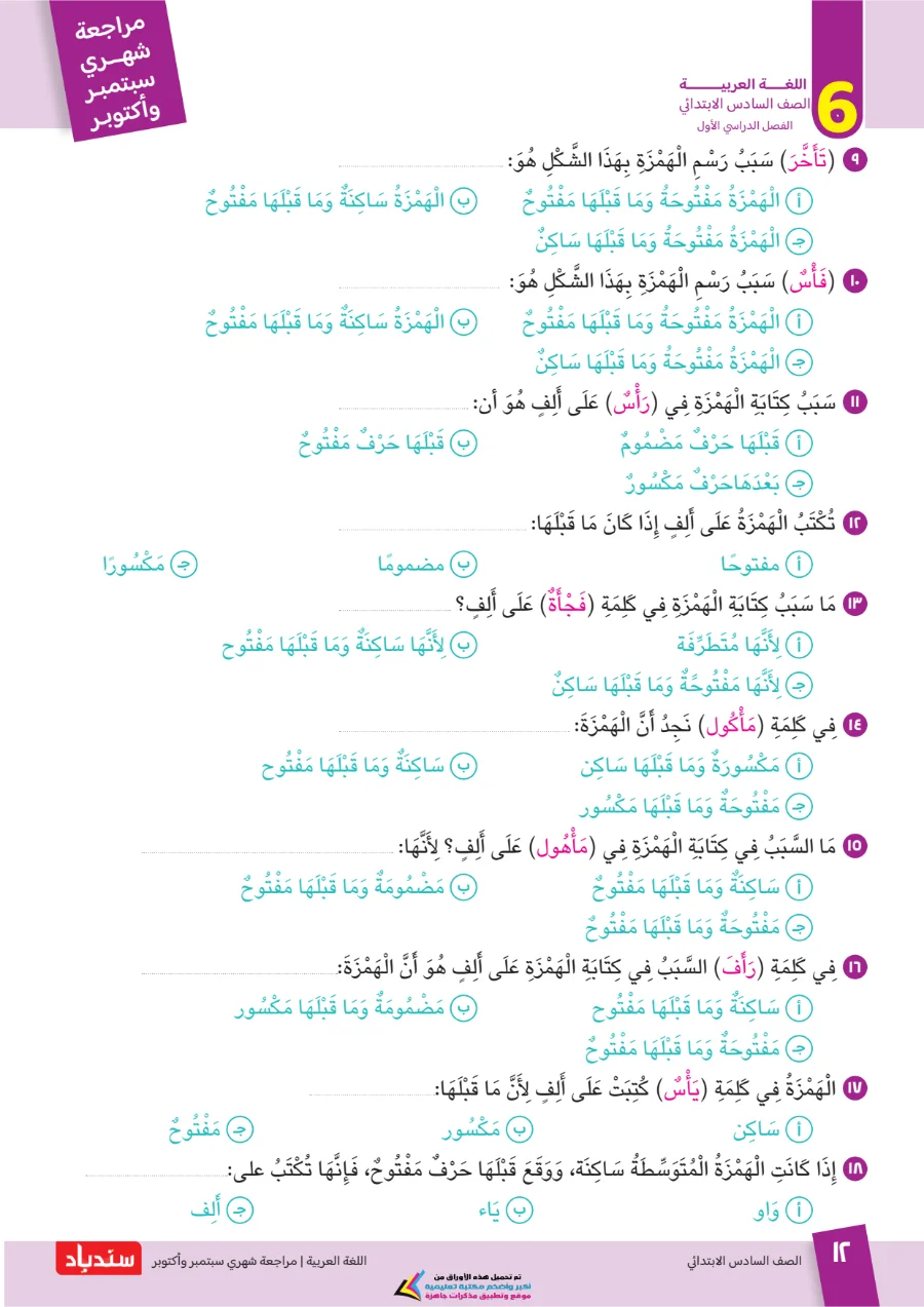 معاينة الصفحة 12 من مراجعة سندباد شهر اكتوبر لغة عربية الصف السادس الابتدائي بالاجابات 2027 PDF