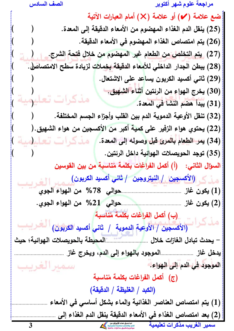 معاينة الصفحة 3 من بالاجابات مراجعة علوم شهر أكتوبر للصف السادس الابتدائي PDF 2027