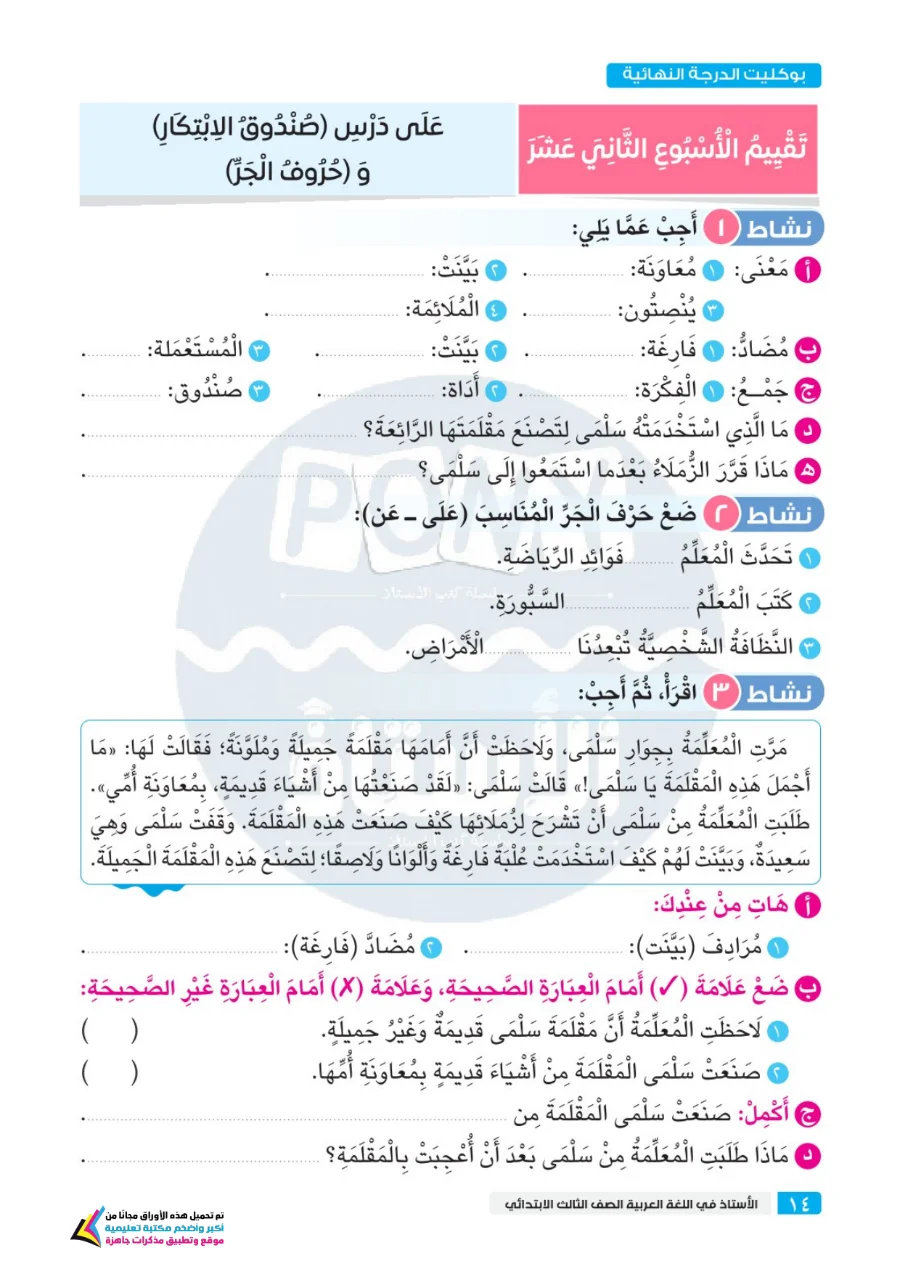 معاينة الصفحة 13 من امتحان على كل درس لغة عربية للصف الثالث الابتدائي الترم الاول PDF 2027