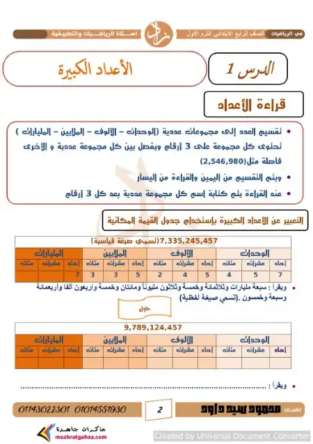 مذكرة رياضيات رابعة ابتدائي ترم اول 2025 مستر محمود سيد داود