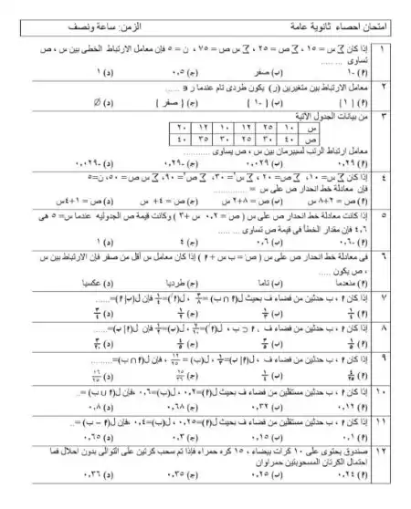 اهم الاسئلة الاحصاء للصف الثالث الثانوي بالاجابات بابل شيت