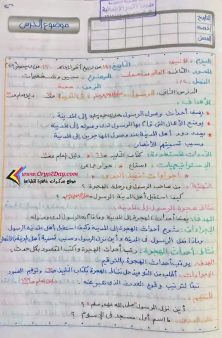 تحضير دروس التربية الاسلامية تانية ابتدائي ترم اول مكتوب بخط اليد بشكل واضح وجميل