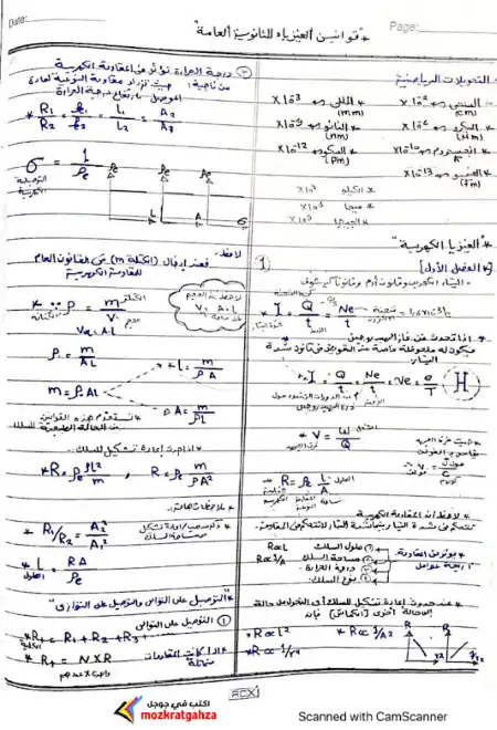 جميع قوانين الفيزياء للصف الثالث الثانوي بخط اليد