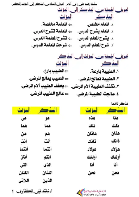 تدريبات على تحويل الجملة من المذكر الى المؤنث والعكس - اعداد مستر محمد علي الكفراوي