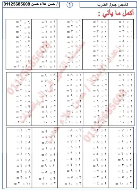 مذكرة تدريبات لتأسيس جدول الضرب - اعداد مستر حسن علاء حسن