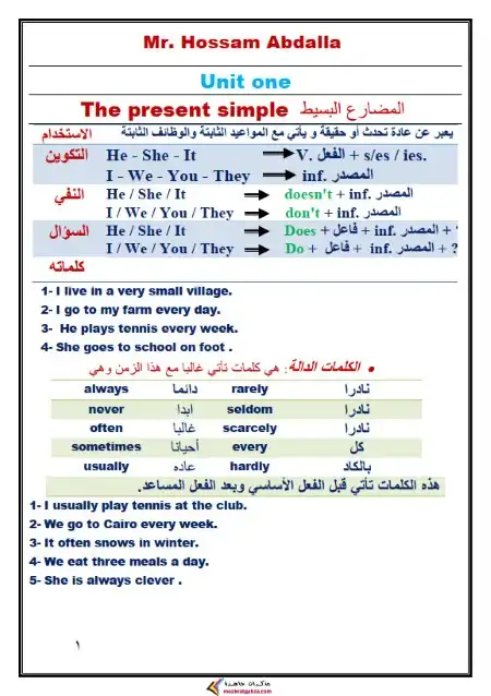 مذكرة جرامر 2 اعدادي ترم اول 2024 مستر حسام عبد الله