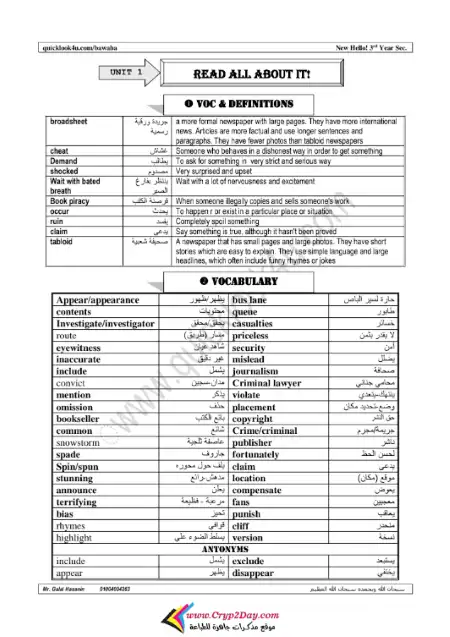 مذكرة شرح وتدريبات انجليزي تالتة ثانوي - اعداد مستر جلال حسانين