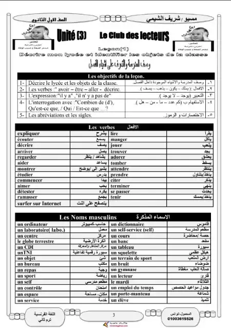 مذكرة فرنساوي اولى ثانوي الترم الثاني مستر شريف الشيمي PDF