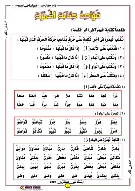 مذكرة قواعد كتابة الهمزة - اعداد مستر محمد علي الكفراوي