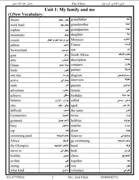 مذكرة انجليزي اولى اعدادي ترم اول - اعداد مستر عبد اللاه منير