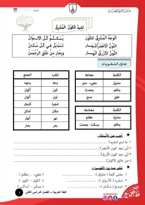 مذكرة لغة عربية اولى ابتدائي الترم الثاني مدرسة النزهة