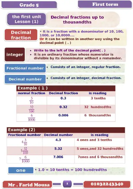 مذكرة Math للصف الخامس الابتدائي ترم اول 2023/2024 مستر فريد موسى