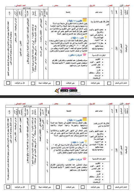 نسخة مختلفة من تحضير دروس رياضيات اولى ابتدائي ترم اول - اعداد مستر علي عبد الرحيم